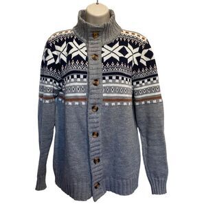 Nordic Snowflake Button Up Grandad Cardigan Sweater Gray Sz L